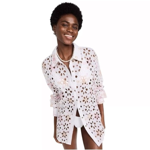 Ramy Brook Women’s S Gary White Cut Out Cover Up Top Button Down Floral Eyelet - Picture 3 of 10